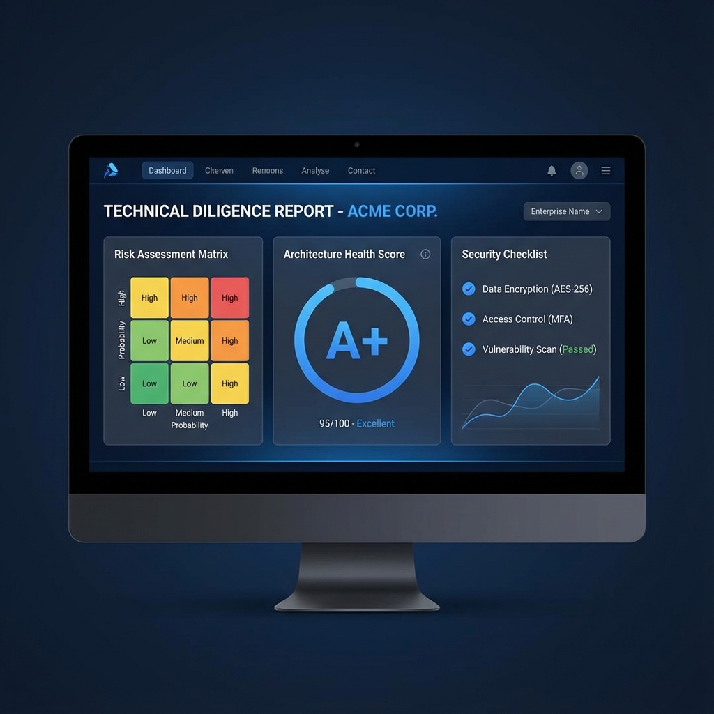 Tech Diligence report dashboard showing security and architecture analysis